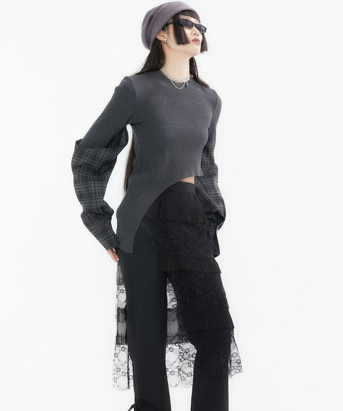 Asymmetric Plaid Sleeve Knit Top